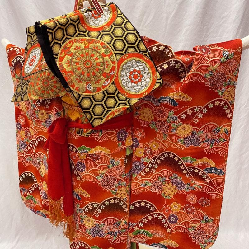 509ag27◎小物楽々衿半衿セット 七五三 七歳 女児 着物&袋帯 紅型風◎