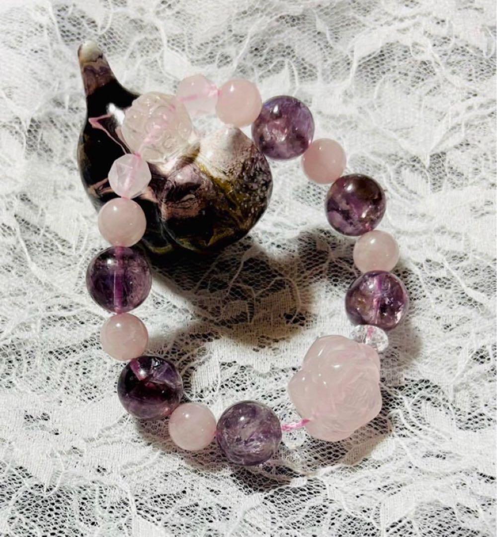 天然石　ローズクォーツ　アイリスアメジスト　マニ車　ブレスレット