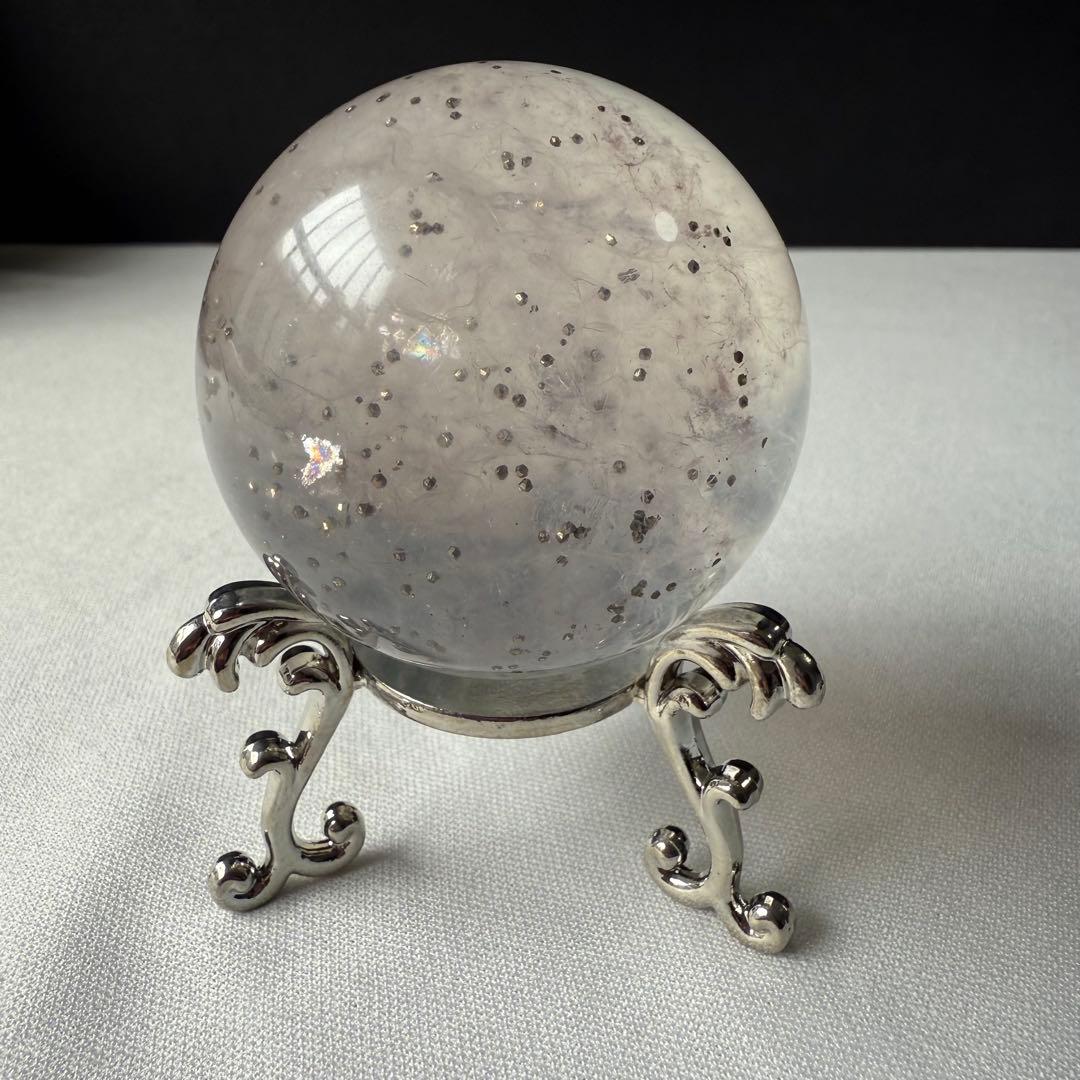 天然石パイライト共生フローライトのスフィア　丸玉　置物NO.020615