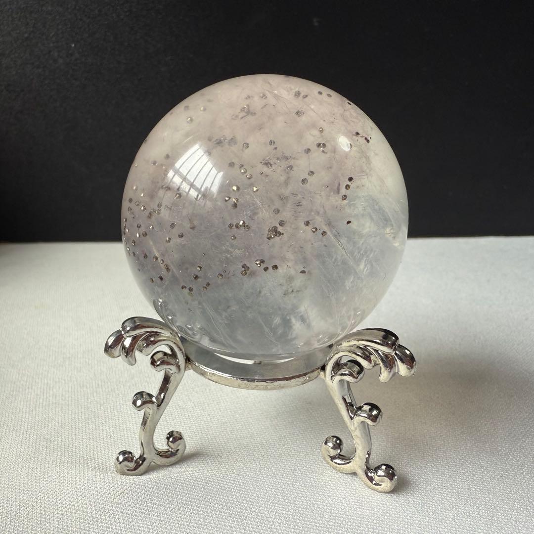 天然石パイライト共生フローライトのスフィア　丸玉　置物NO.020615