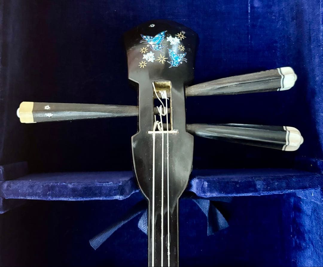 沖縄三線 人口皮 蝶のデザイン ハードケース付