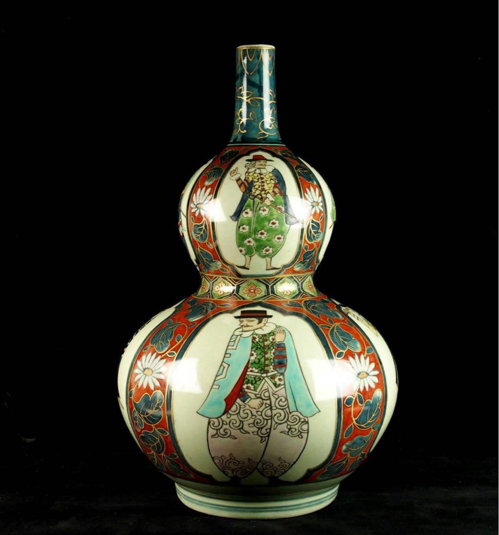 ★　名品【 南蛮人図瓢形瓶 円左エ門 作 】阿蘭陀趣味　染錦 金彩　金襴手 ★