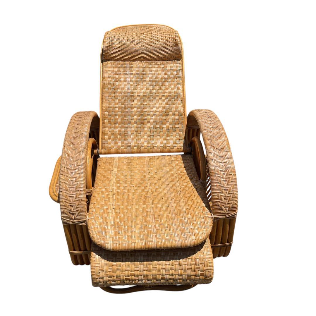 ラタンリクライニングチェア オットマン付き 1人掛けソファー 古家具