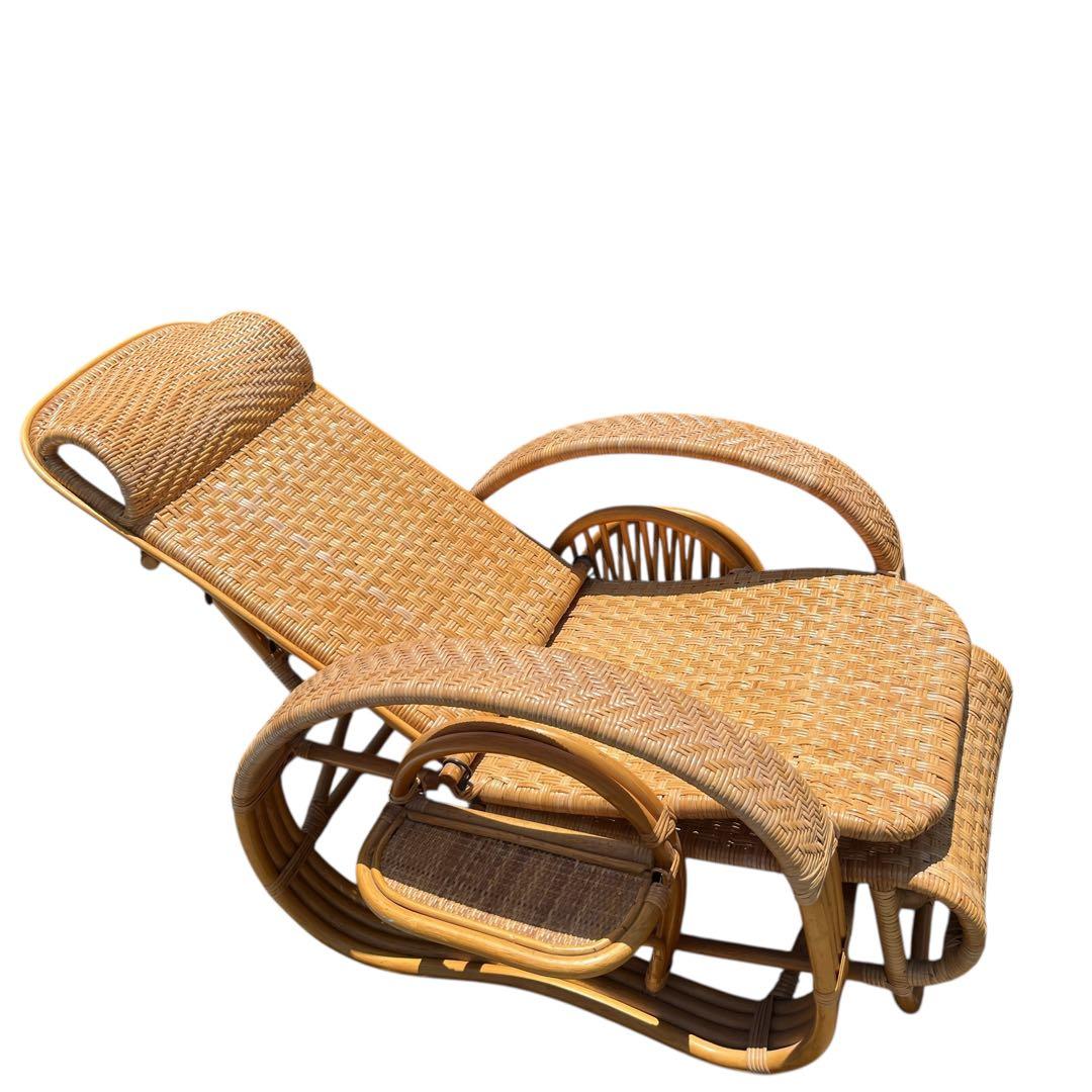 ラタンリクライニングチェア オットマン付き 1人掛けソファー 古家具