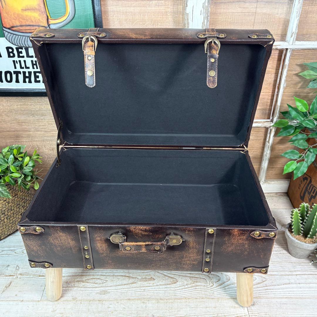 アンティーク調トランク型収納ケース付きレザーベンチスツール木製足オットマン椅子