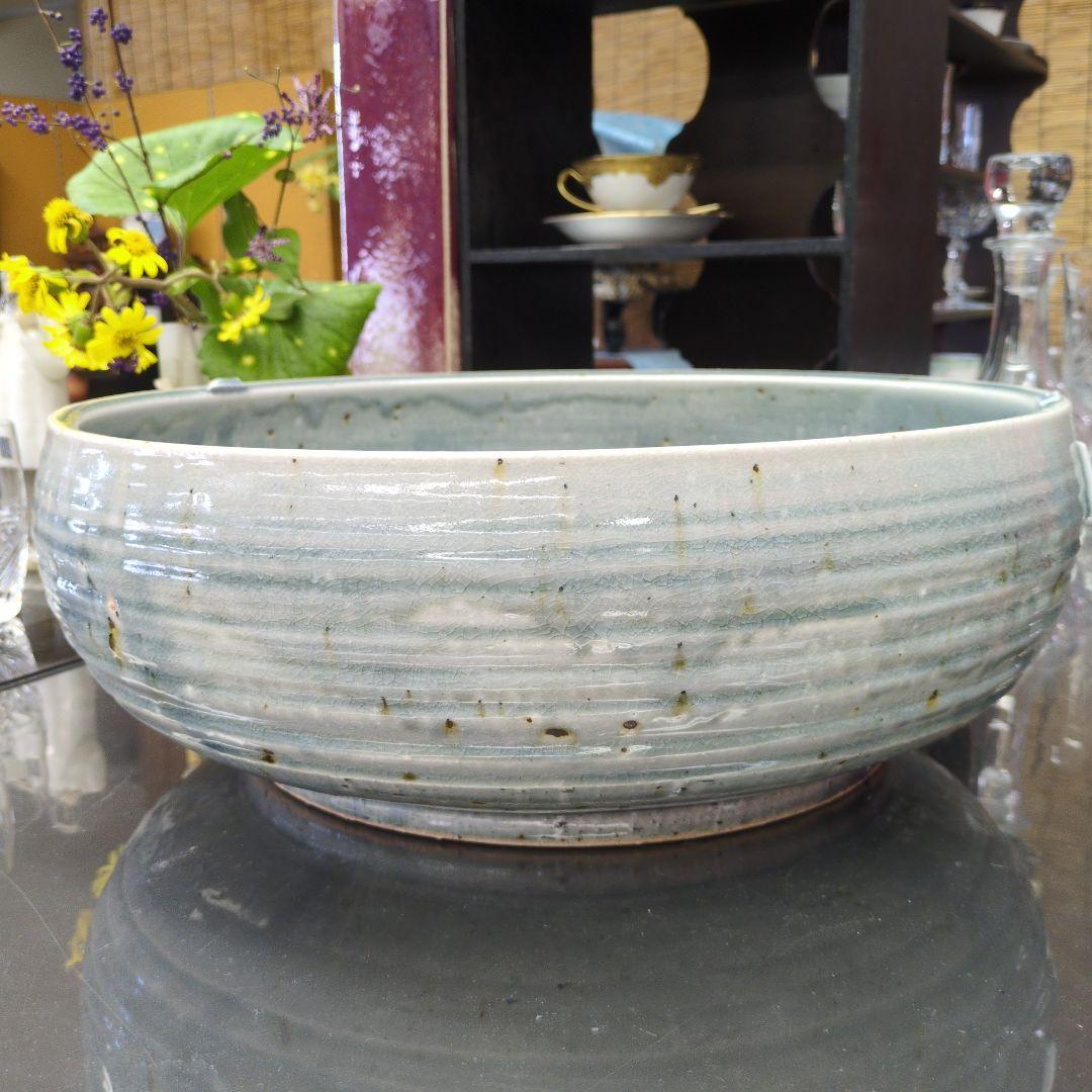 利休陶製大鉢　青系　メダカ鉢、睡蓮鉢