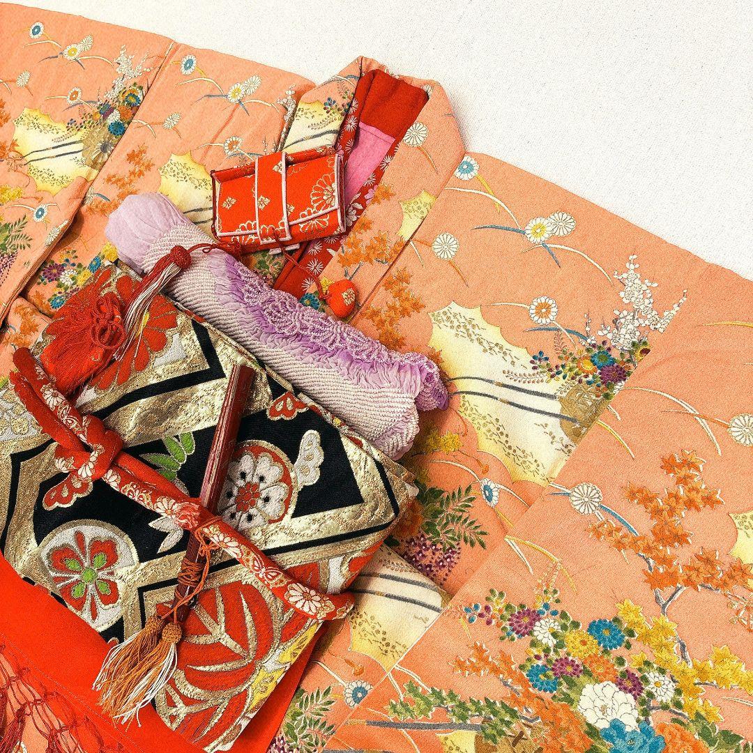 【昭和レトロ】七五三　7歳女の子　セット　小袖　サーモンピンク　5758