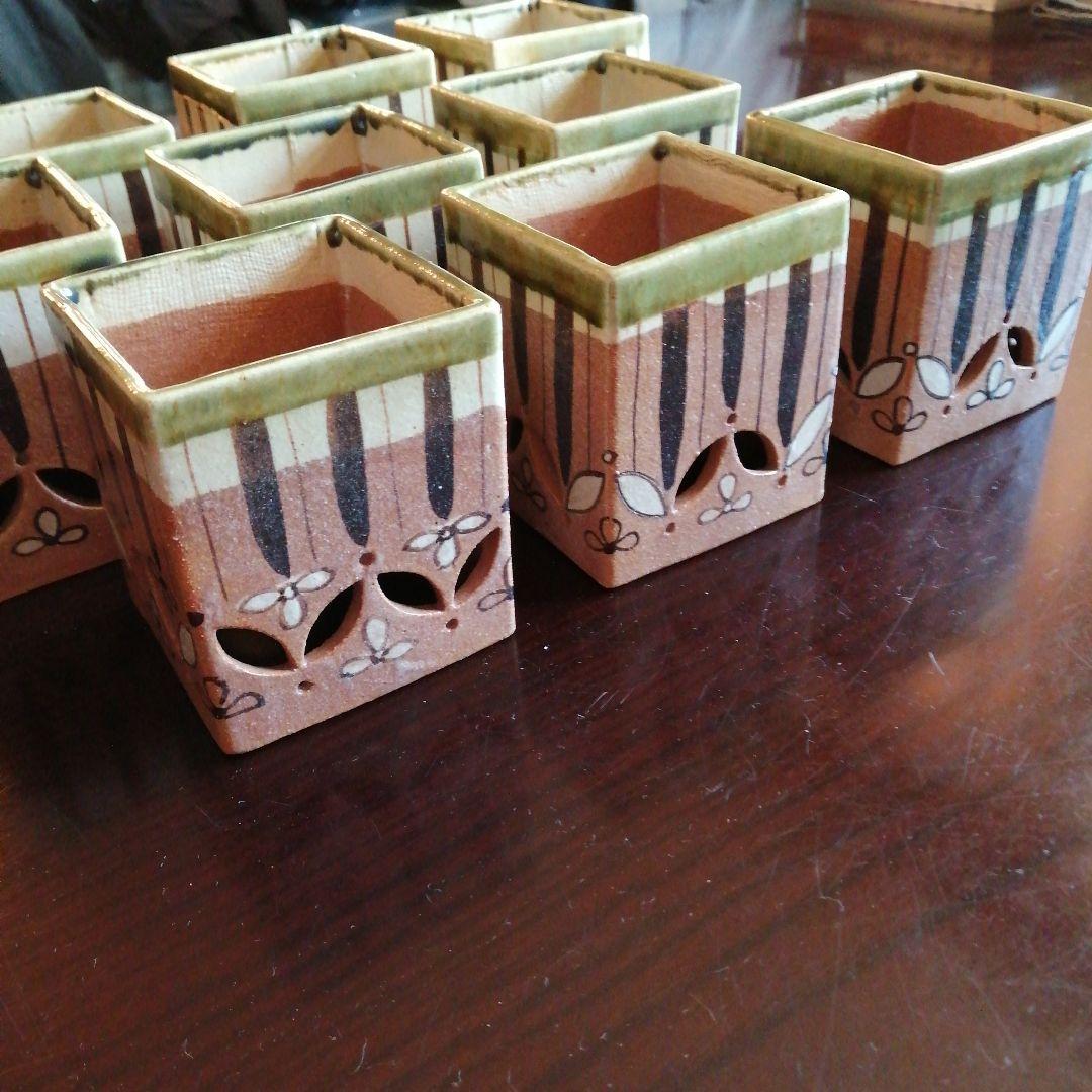 美濃焼　鳴海織部角形高向付　9客　8.5cm　昭和中期～今物