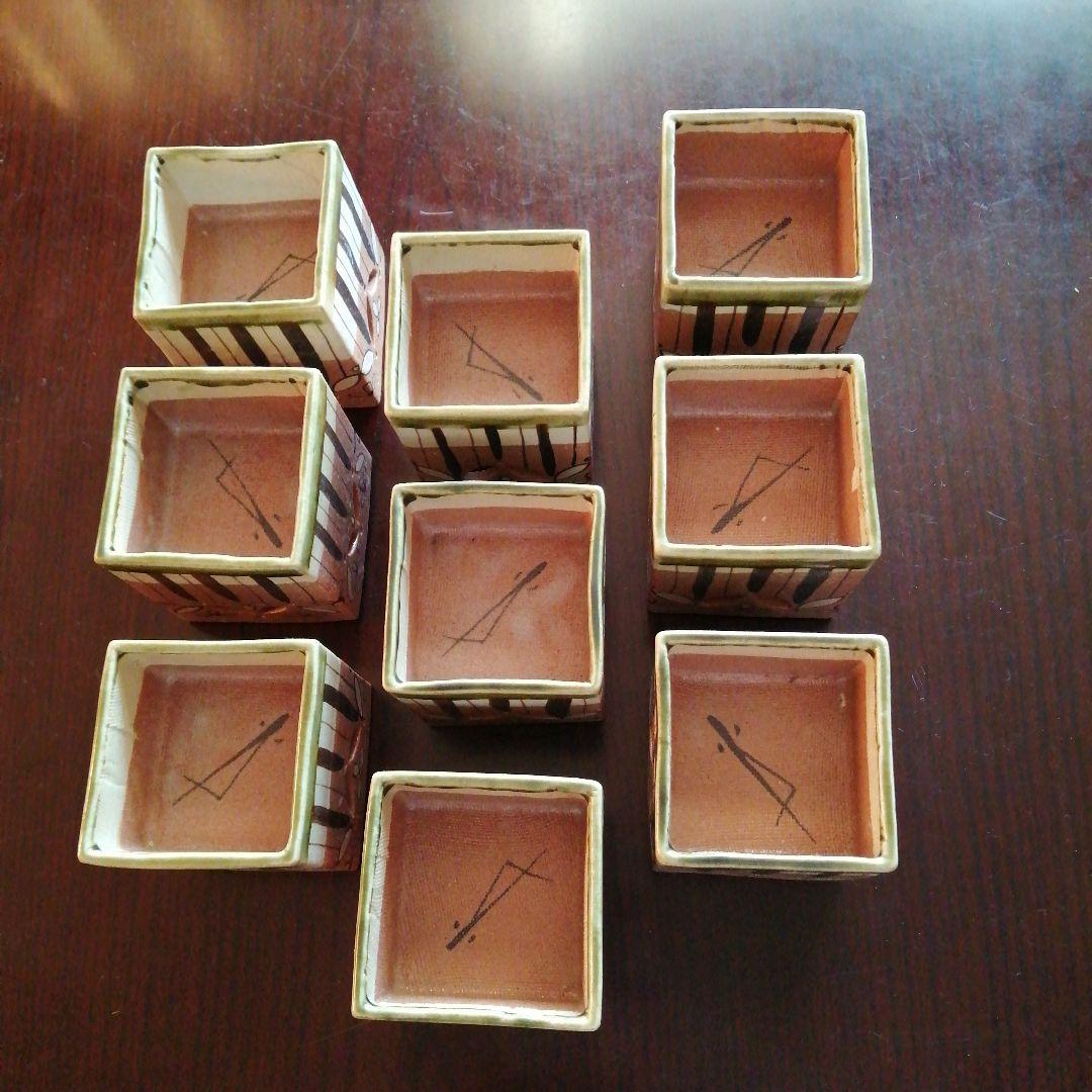 美濃焼　鳴海織部角形高向付　9客　8.5cm　昭和中期～今物