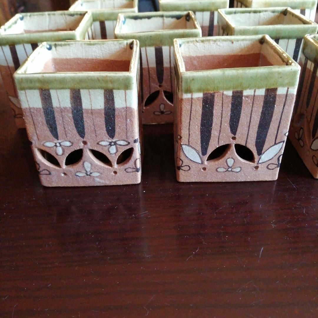 美濃焼　鳴海織部角形高向付　9客　8.5cm　昭和中期～今物