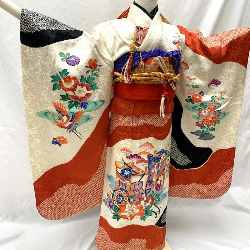 511ag11□七五三 七歳 女児 着物&袋帯 絞染め 御所車 鶴□状態良好