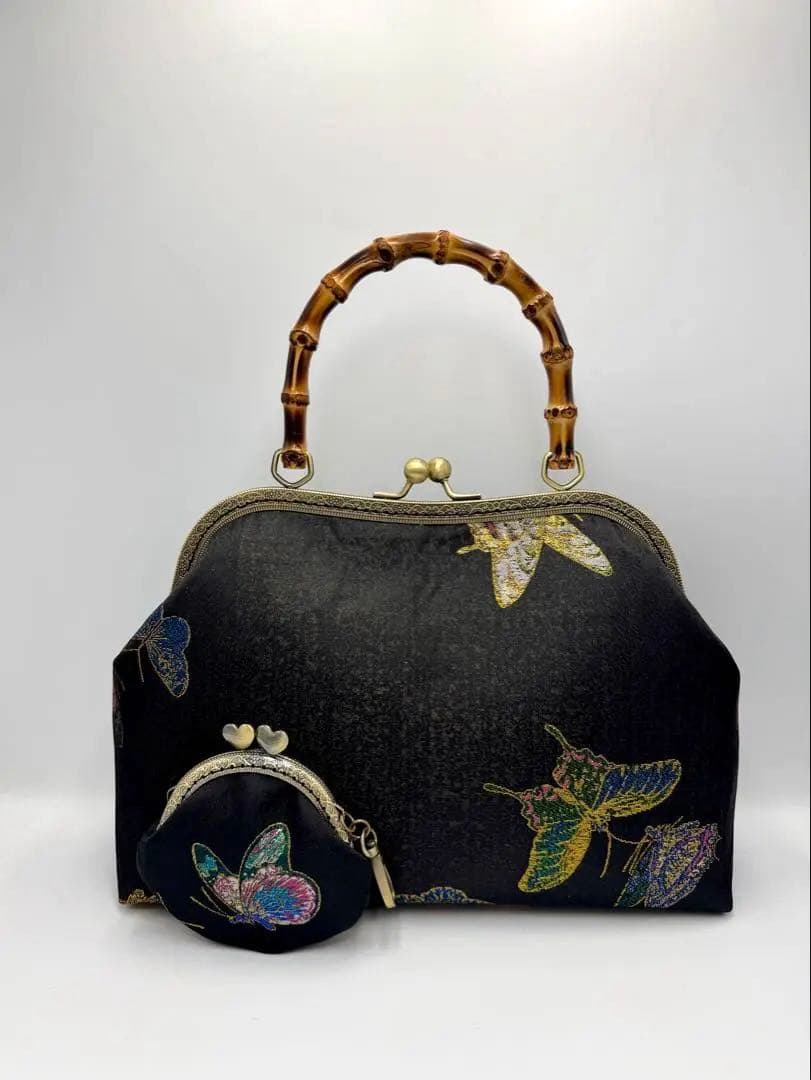 ハンドメイド　バンブー 持ち手大きながま口和装バッグ 2点セット　#539