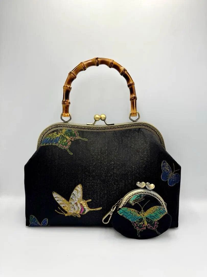 ハンドメイド　バンブー 持ち手大きながま口和装バッグ 2点セット　#539