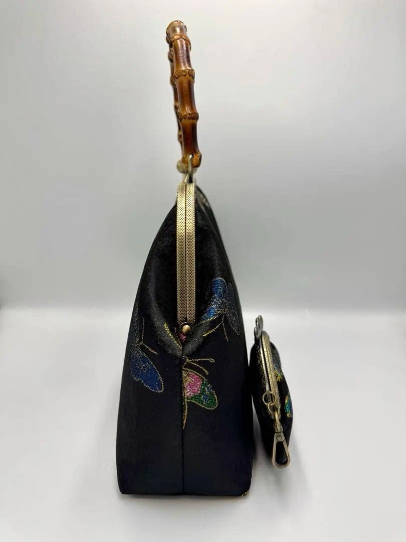 ハンドメイド　バンブー 持ち手大きながま口和装バッグ 2点セット　#539