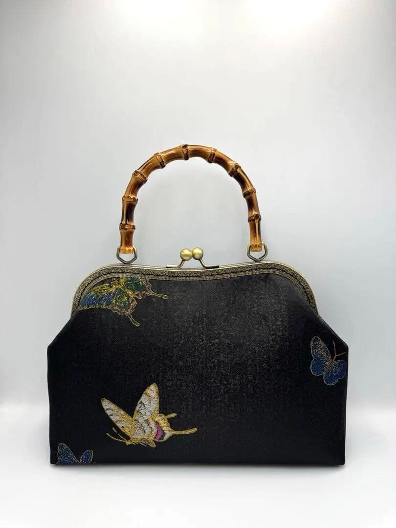 ハンドメイド　バンブー 持ち手大きながま口和装バッグ 2点セット　#539