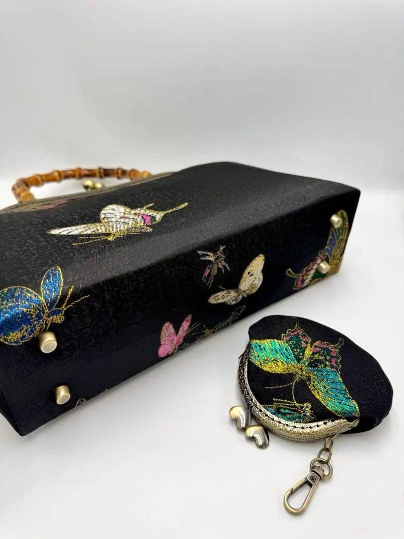 ハンドメイド　バンブー 持ち手大きながま口和装バッグ 2点セット　#539