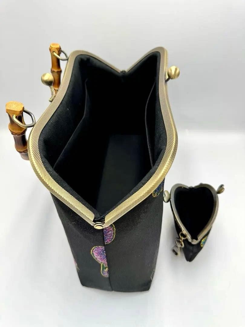 ハンドメイド　バンブー 持ち手大きながま口和装バッグ 2点セット　#539