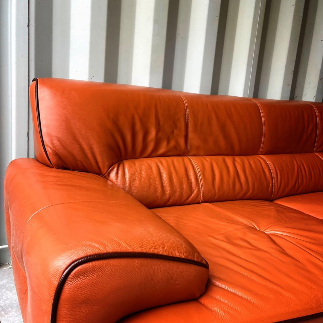 取付無料！IDC大塚家具 L/S コンフォート 本革オレンジソファ