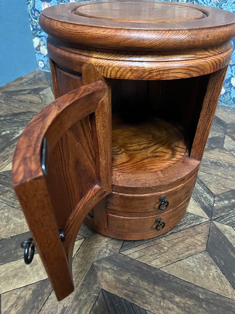 李朝家具 収納付き丸型スツール インテリア サイドテーブル けやき アンティーク