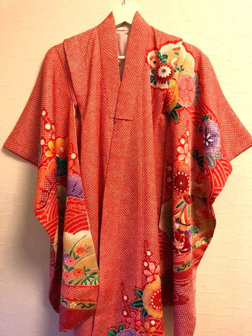 美品　絞り柄　赤　花柄　着物 七五三　7歳　女の子