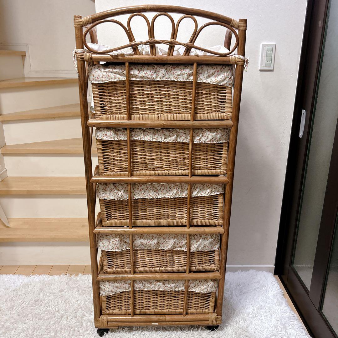 ラタンチェスト 5段 籐家具 ビンテージ キャビネット収納 ラタン キャスター付