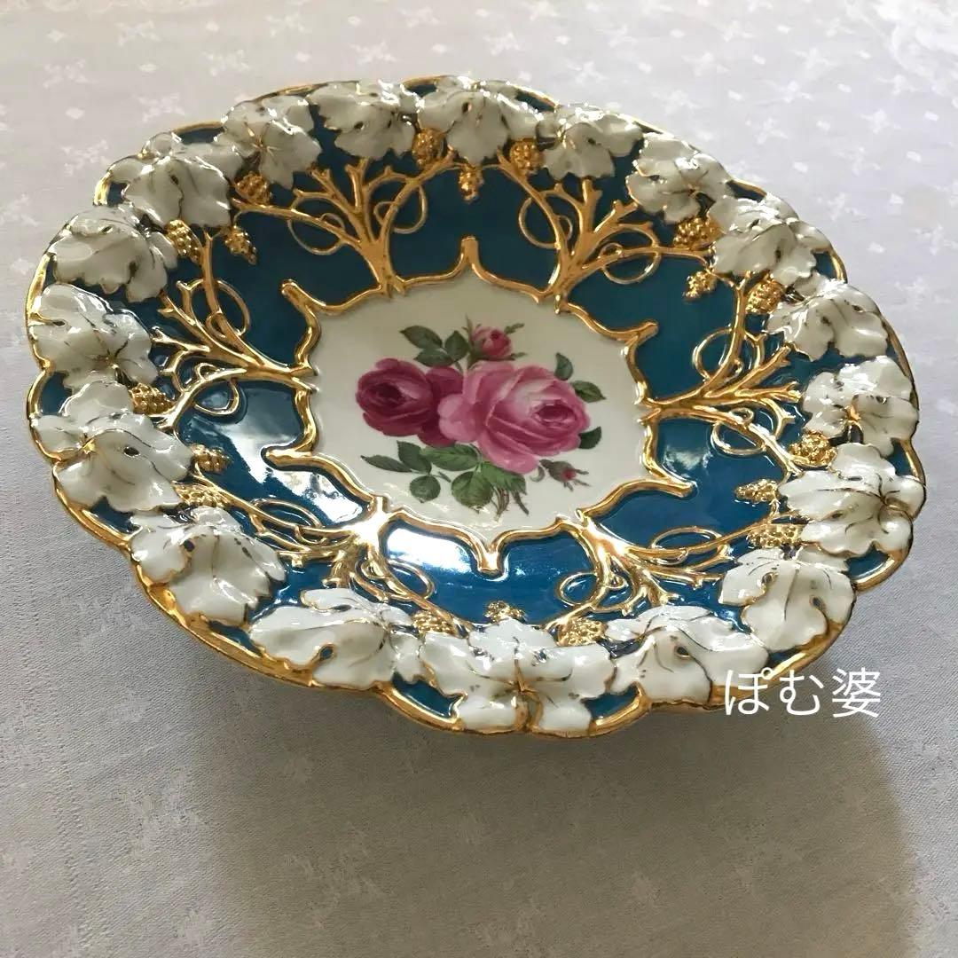 【古マイセン】グランツゴールド／飾り皿「紺碧の青地／薔薇と葡萄」