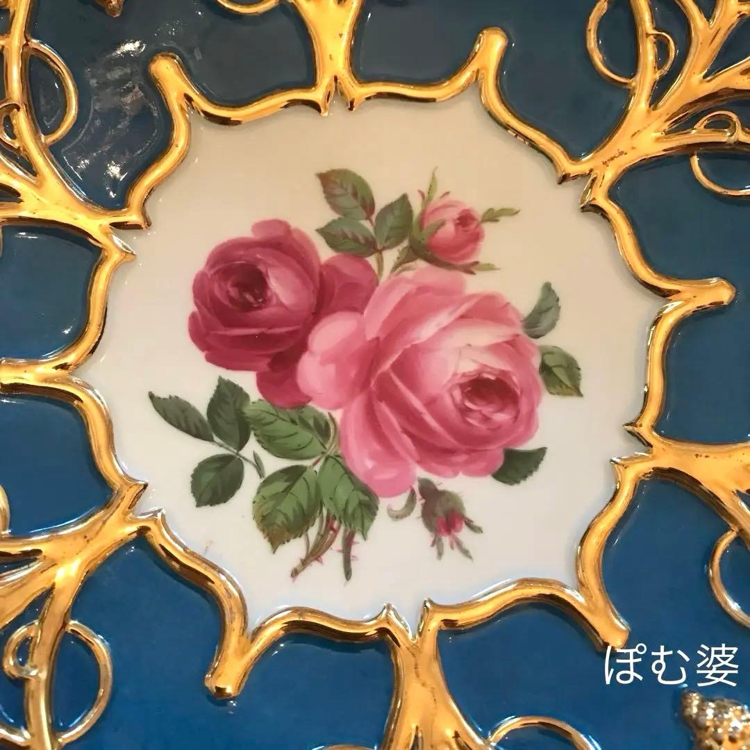 【古マイセン】グランツゴールド／飾り皿「紺碧の青地／薔薇と葡萄」