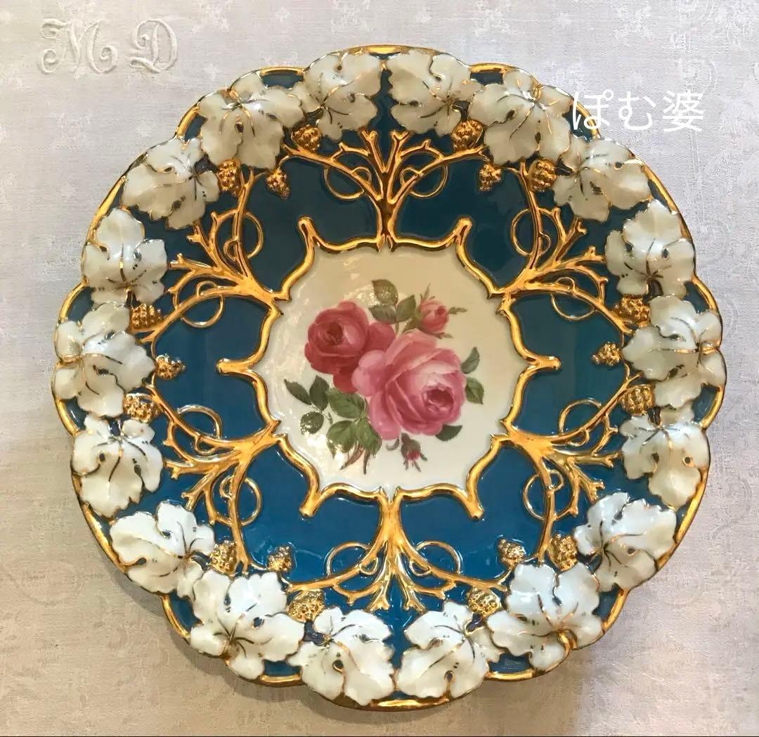 【古マイセン】グランツゴールド／飾り皿「紺碧の青地／薔薇と葡萄」