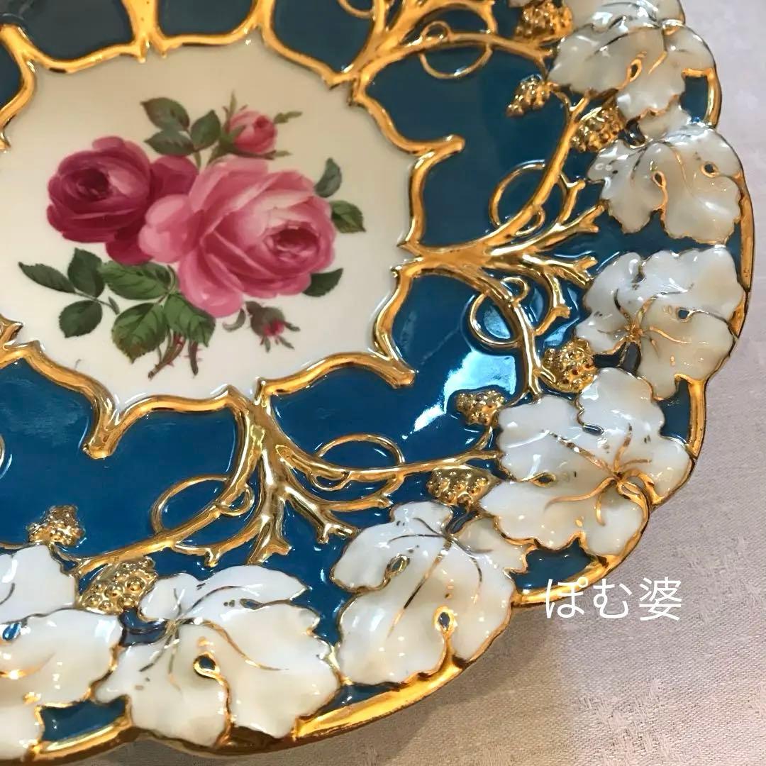 【古マイセン】グランツゴールド／飾り皿「紺碧の青地／薔薇と葡萄」