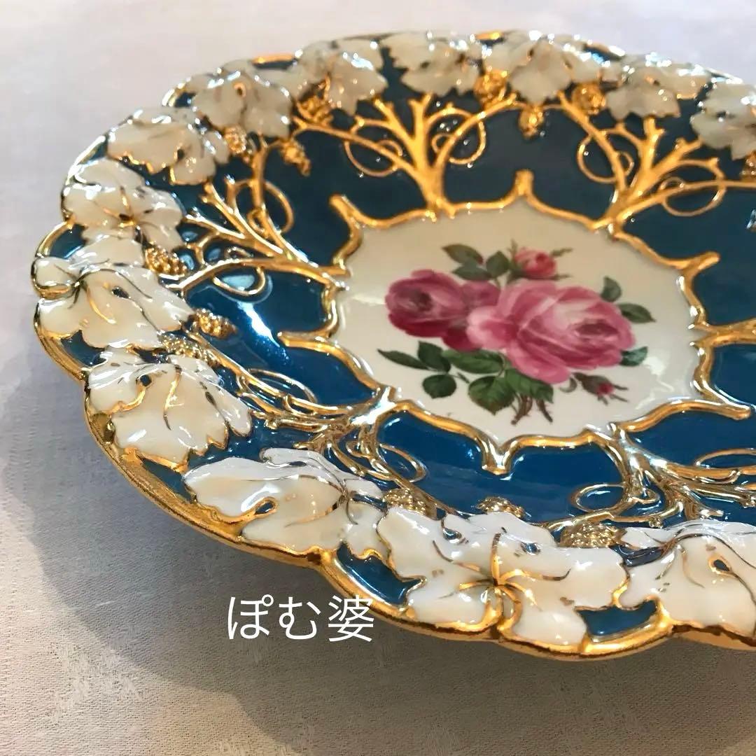 【古マイセン】グランツゴールド／飾り皿「紺碧の青地／薔薇と葡萄」