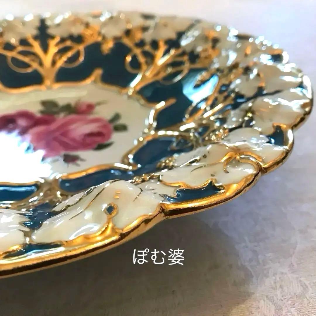 【古マイセン】グランツゴールド／飾り皿「紺碧の青地／薔薇と葡萄」
