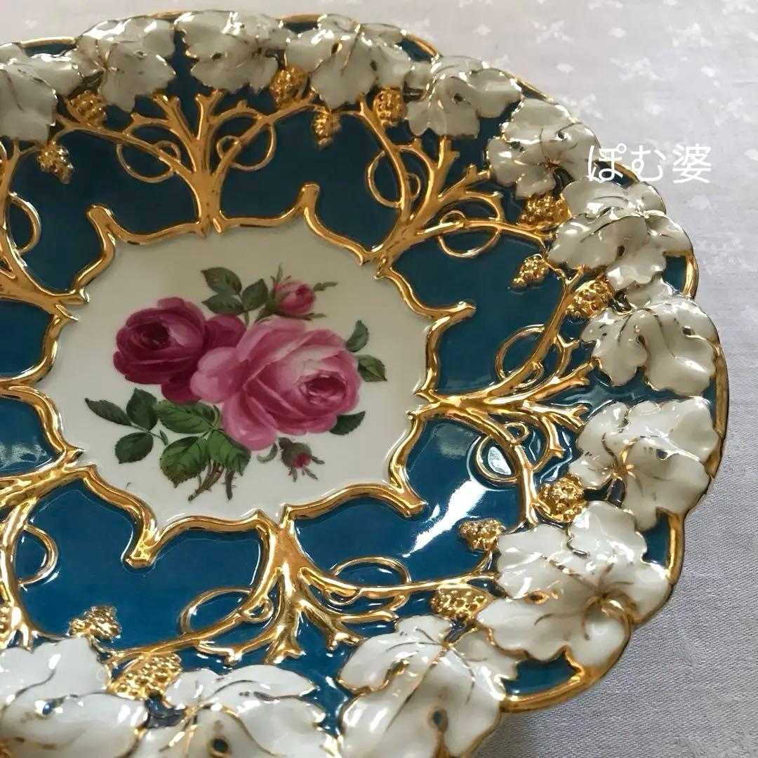 【古マイセン】グランツゴールド／飾り皿「紺碧の青地／薔薇と葡萄」