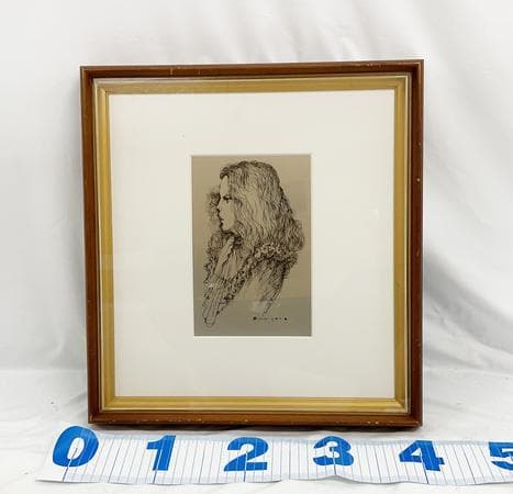 石阪春生 女性像 ペン画 金属製フレーム