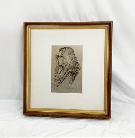 石阪春生 女性像 ペン画 金属製フレーム