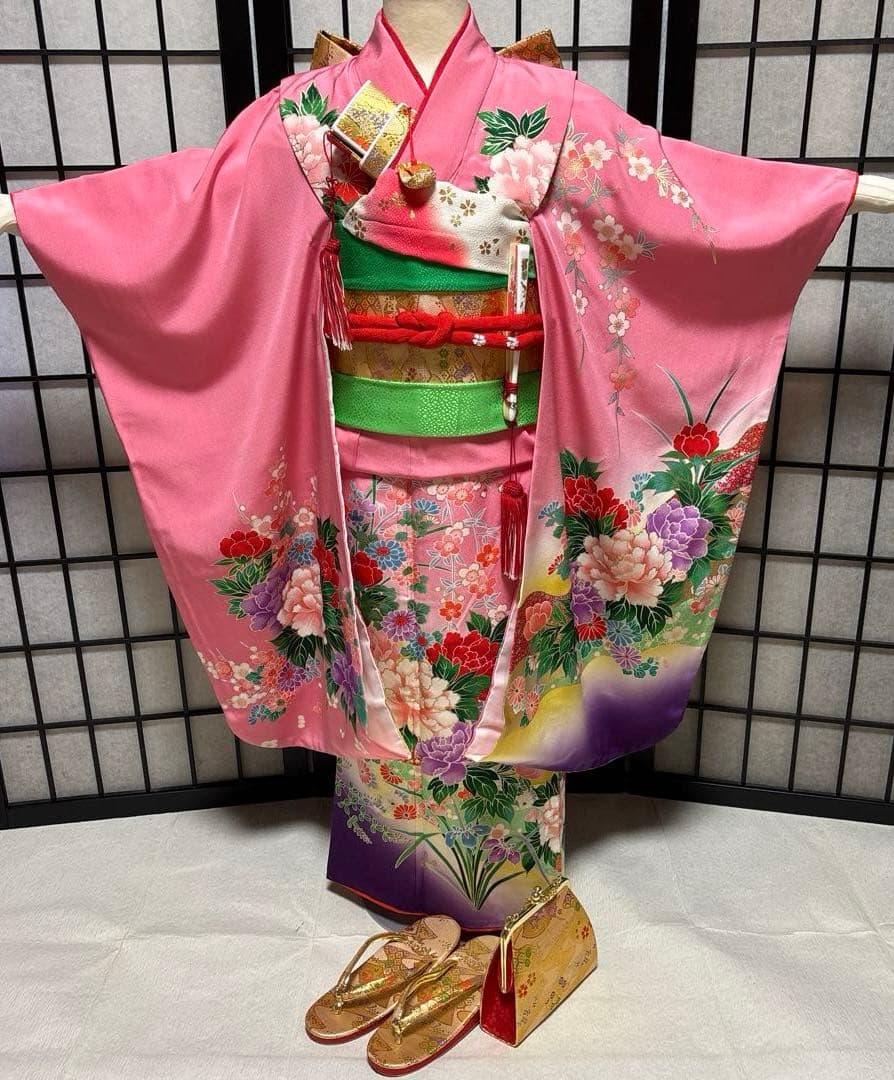 七五三　着物セット　7歳　ピンク色　紫色　正絹　美品