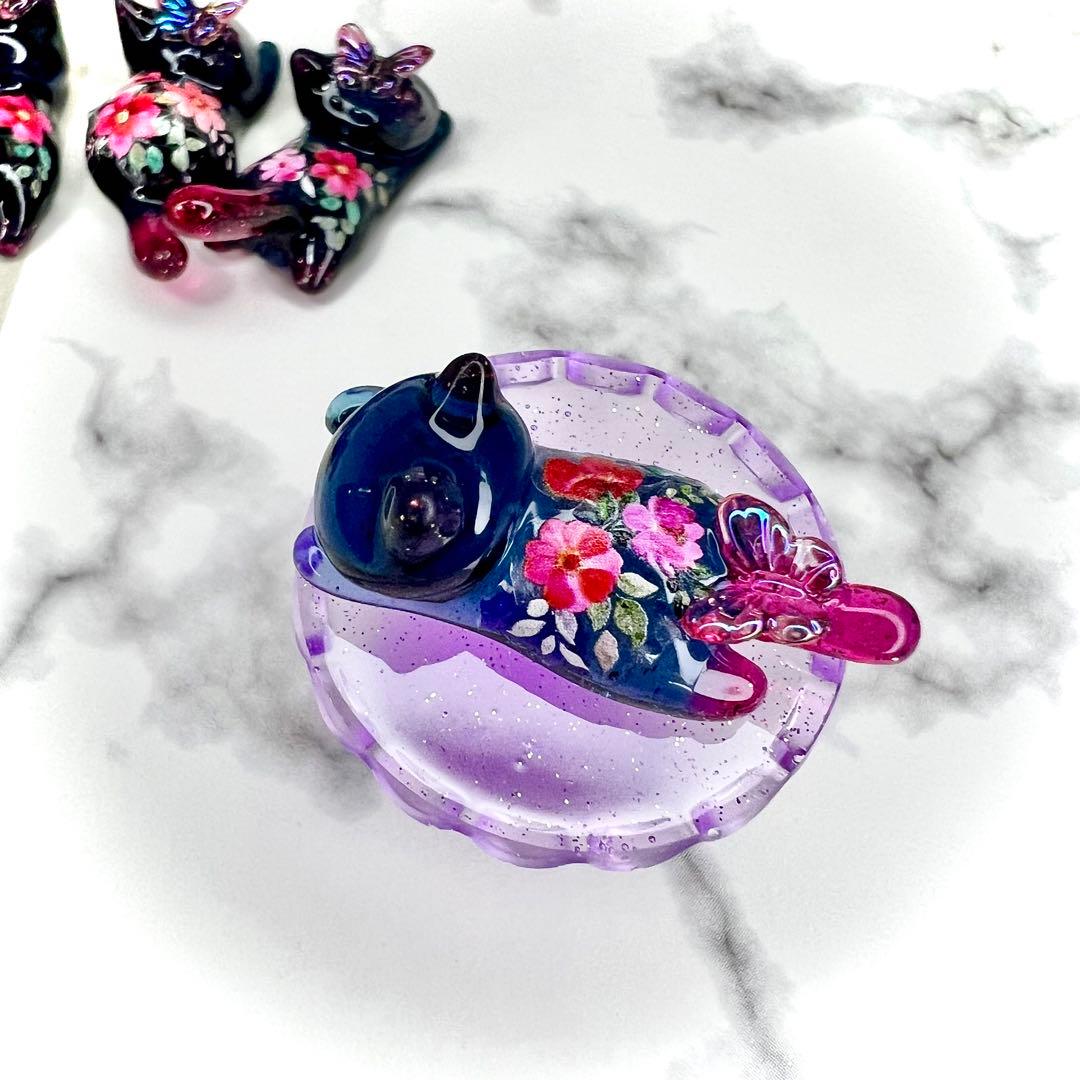 古風なお花　紺碧色　蝶々　猫　5個セット