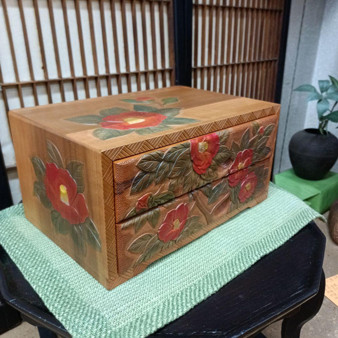 日光彫り二段抽斗(ひきだし)　赤椿　最終価格