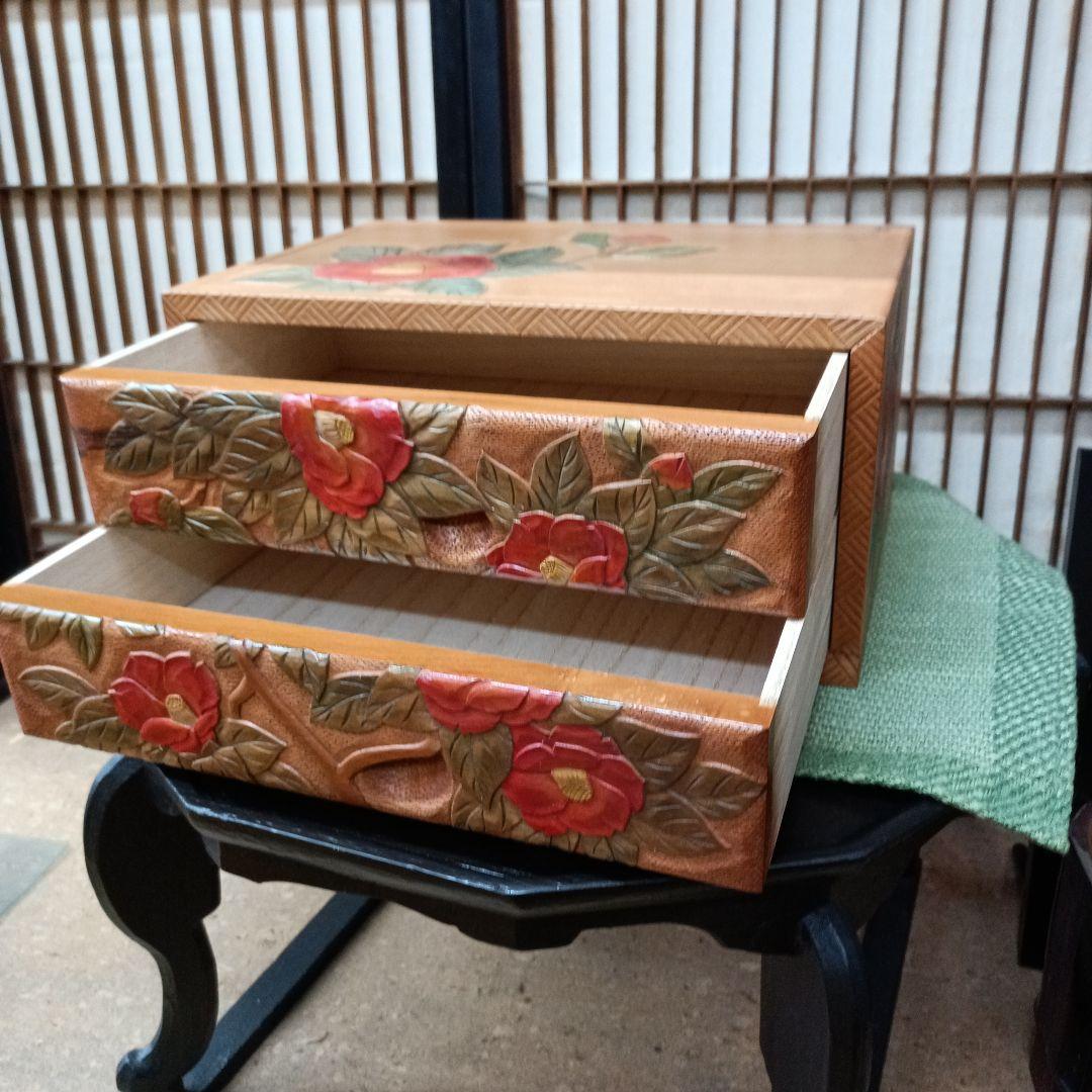 日光彫り二段抽斗(ひきだし)　赤椿　最終価格