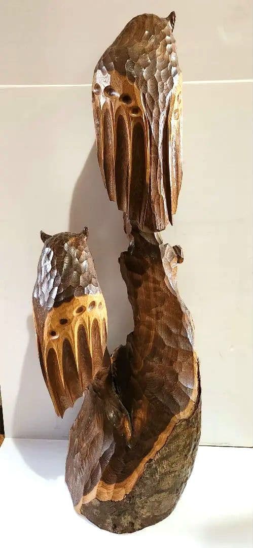 二羽の木彫り梟 フクロウ 天然木彫刻 置物 オブジェ 縁起物