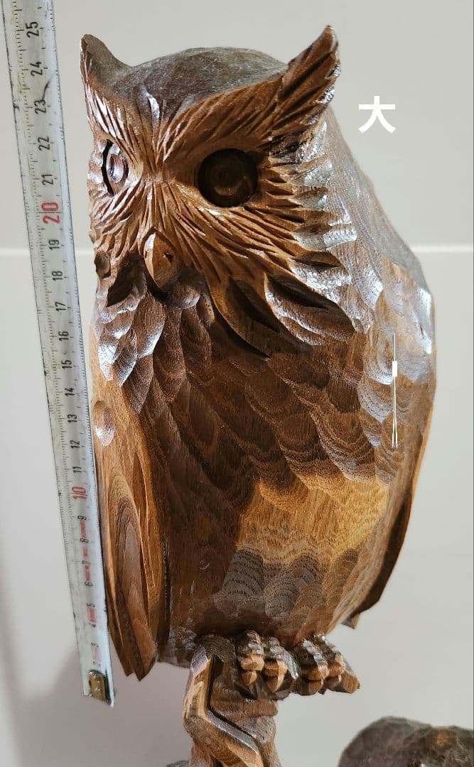 二羽の木彫り梟 フクロウ 天然木彫刻 置物 オブジェ 縁起物