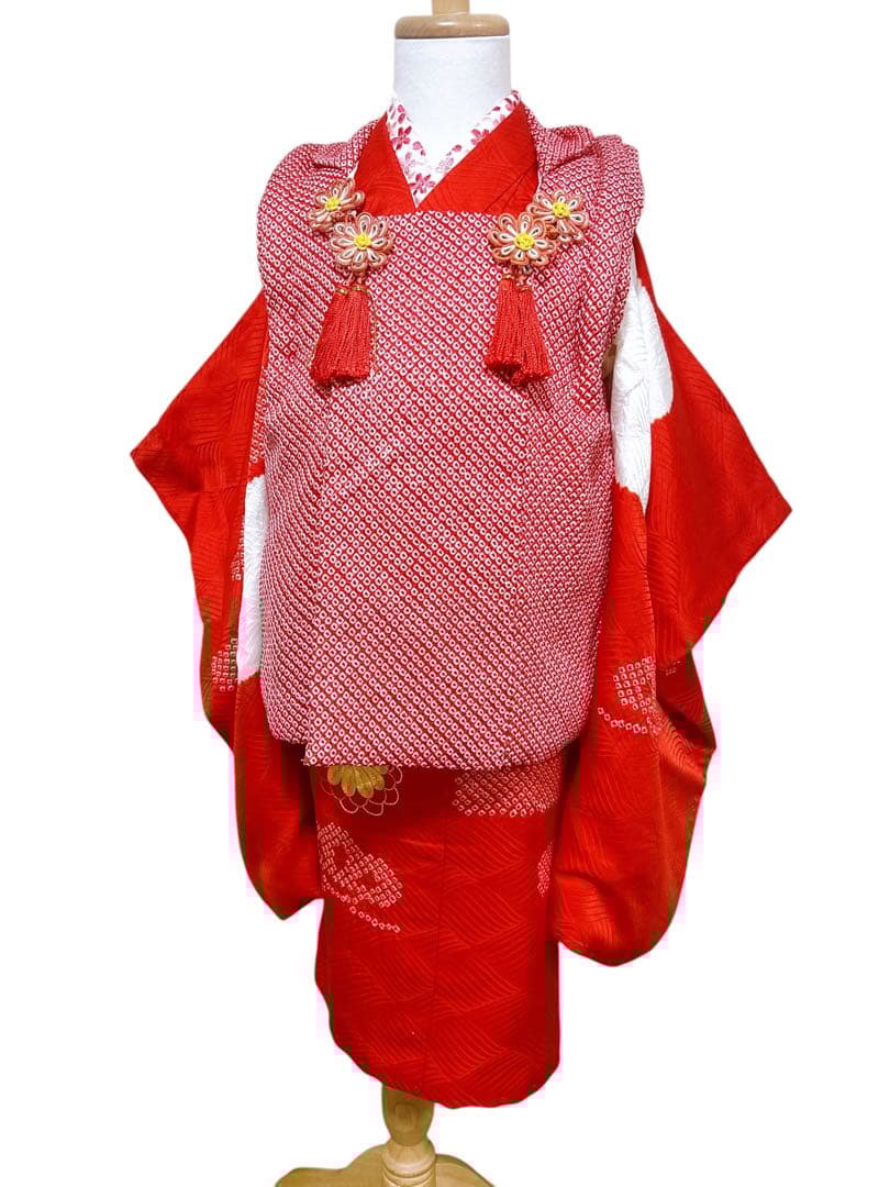 総絞り被布♡七五三　3歳　女の子　セット　一式　赤系　駒刺繍