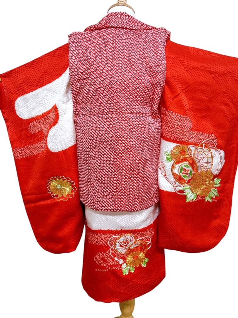 総絞り被布♡七五三　3歳　女の子　セット　一式　赤系　駒刺繍