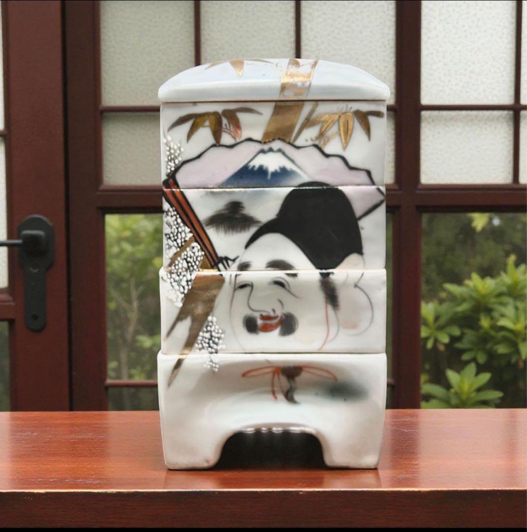時代物 金彩 有田焼《鶴と富士に大黒様》四段陶器重箱 縁起物 お節料理 お花見