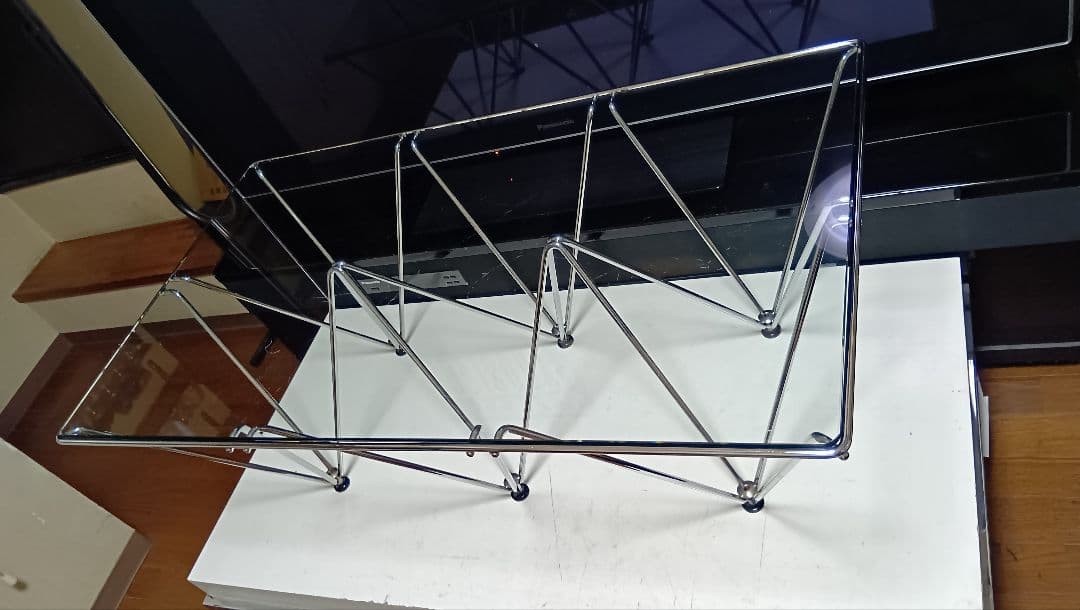 レア　1980's　スペースエイジ　メタル　タワーフレーム　ガラス　テーブル