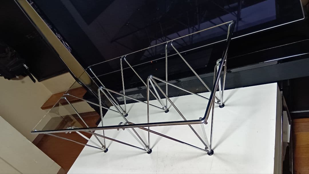 レア　1980's　スペースエイジ　メタル　タワーフレーム　ガラス　テーブル