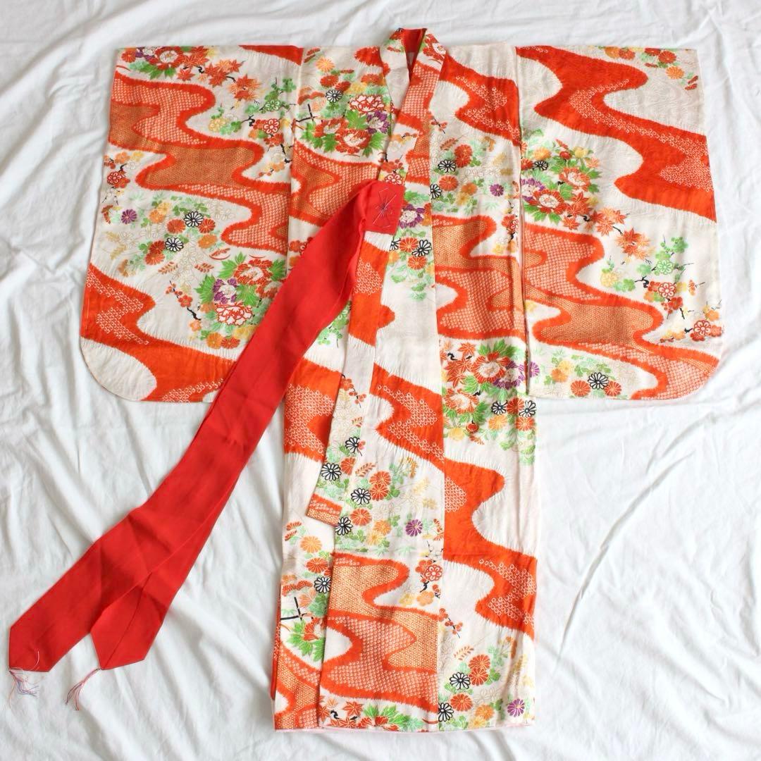 七五三 3歳 子供 女の子 正絹 オレンジ 着物 被布 セット