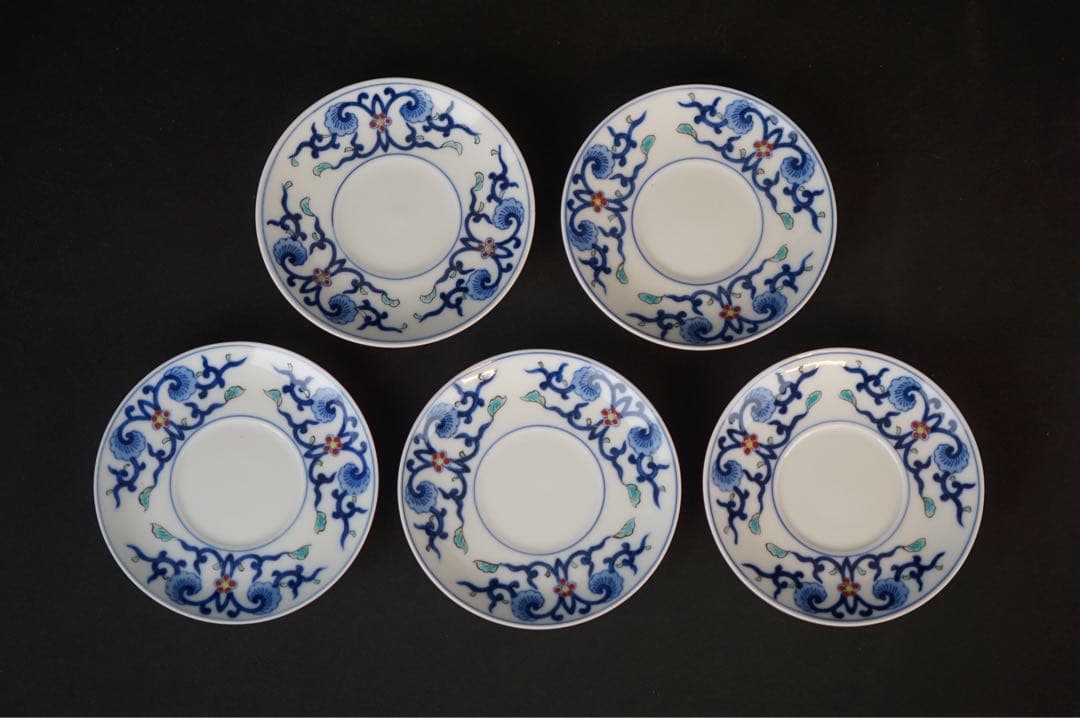 有田焼 肥前皿山 幸右衛門 作 染錦 唐花画 台付 蒸碗5客 共箱 懐石料理