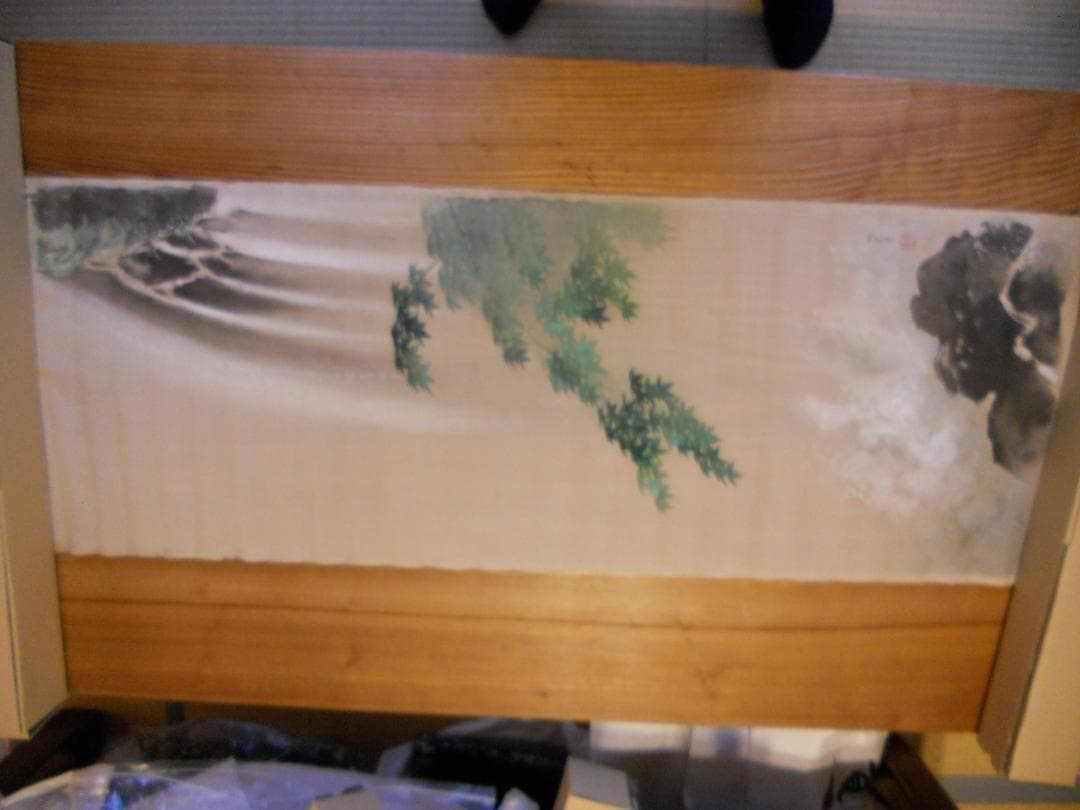 掛け軸 マクリ 長谷川竹友 滝に楓 日本画家 絹本肉筆 愛媛 未装 まくり 掛軸