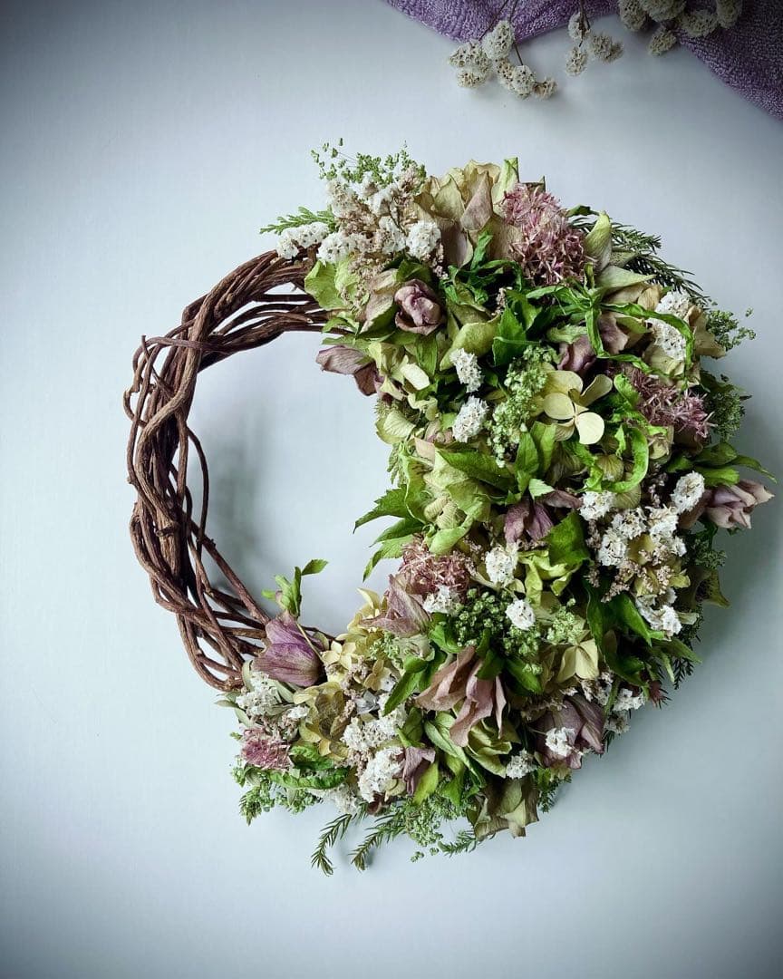 クリスマスローズ　くすみパープル　オーバルハーフリース　ドライフラワー