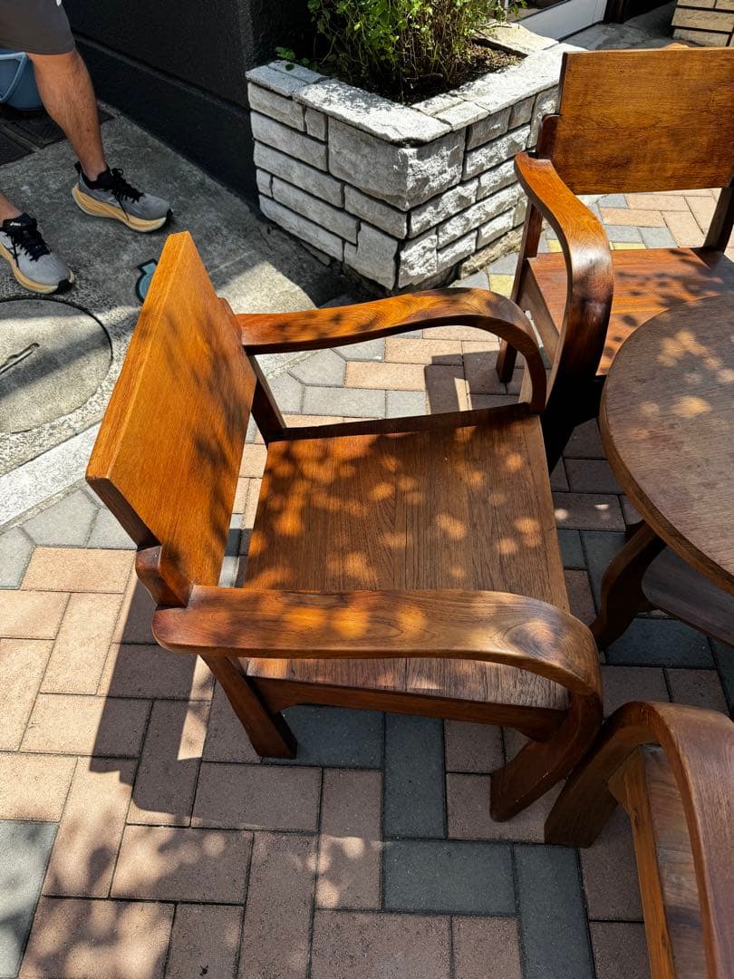 【タイのチェンマイ産】ハンドメイド 木製テーブル&チェア4脚セット (引取限定)